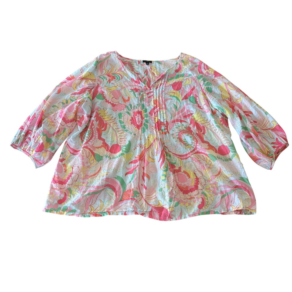 Talbots Plus 2X 100% Cotton Pintuck Popover split neck paisley Floral 3/4 Sleeve